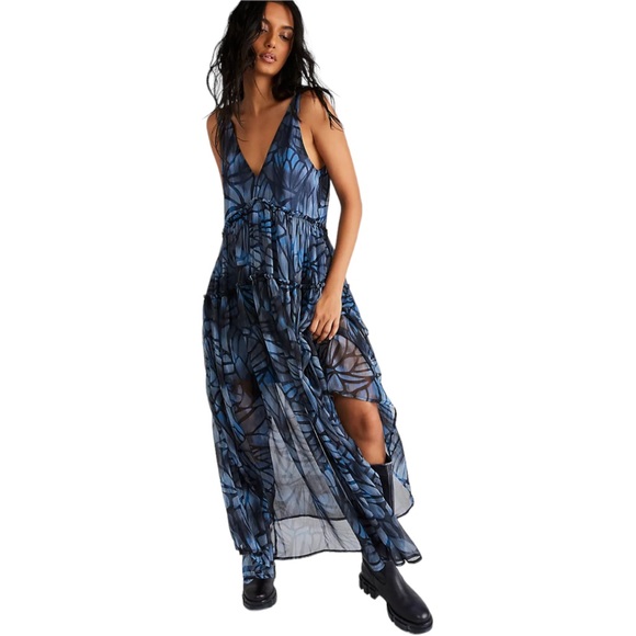 NWT Free People Julianna Floral Maxi Dress in Navy Combo size L - Picture 4 of 4
